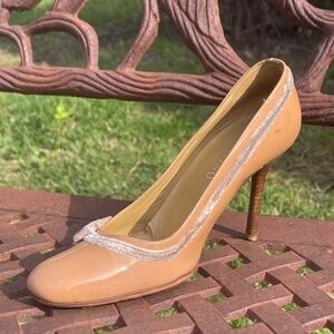 Valentino Apricot Bow Detail Round Toe Wood Stacked Heel Pumps